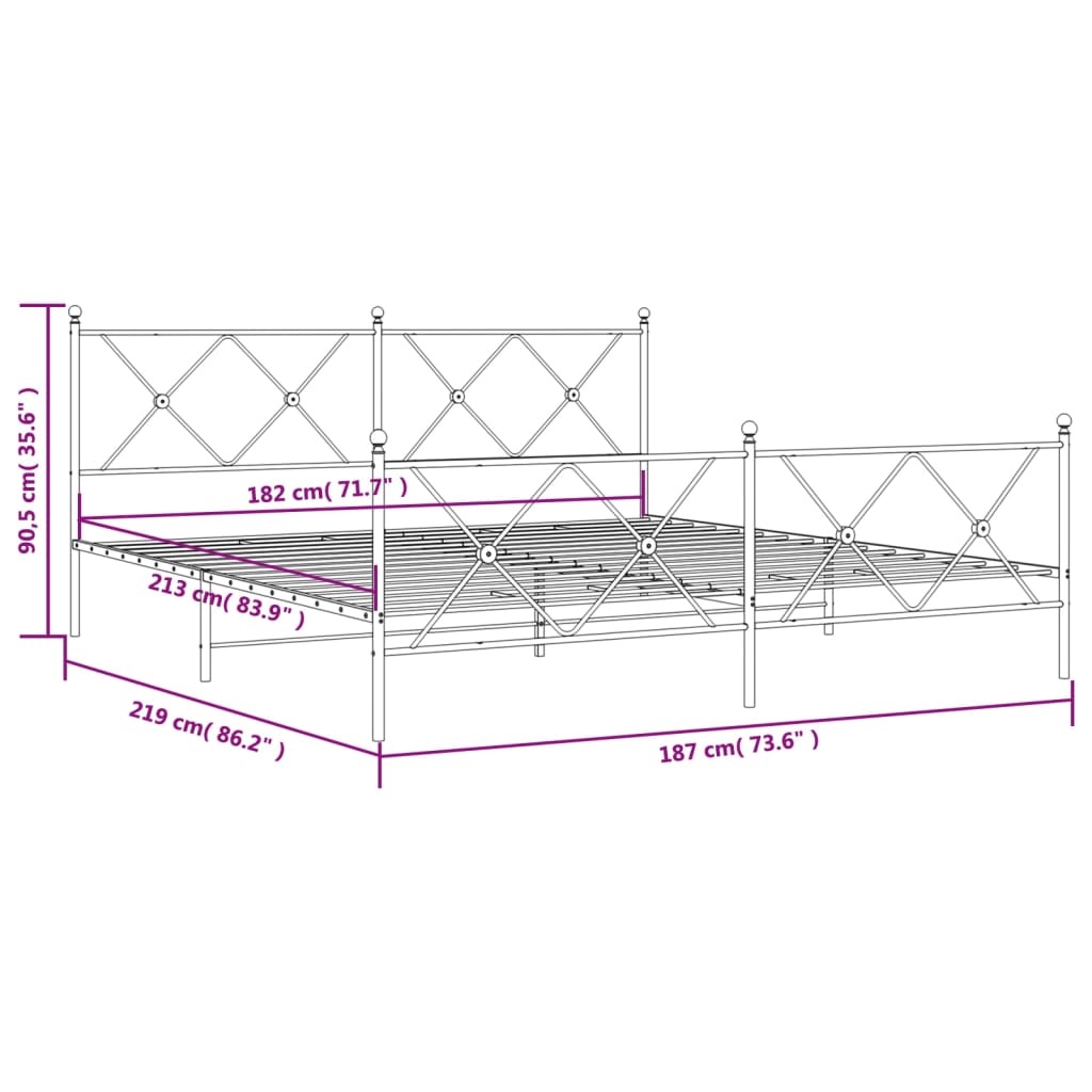 Metal Bed Frame without Mattress with Footboard Black 183x213cm