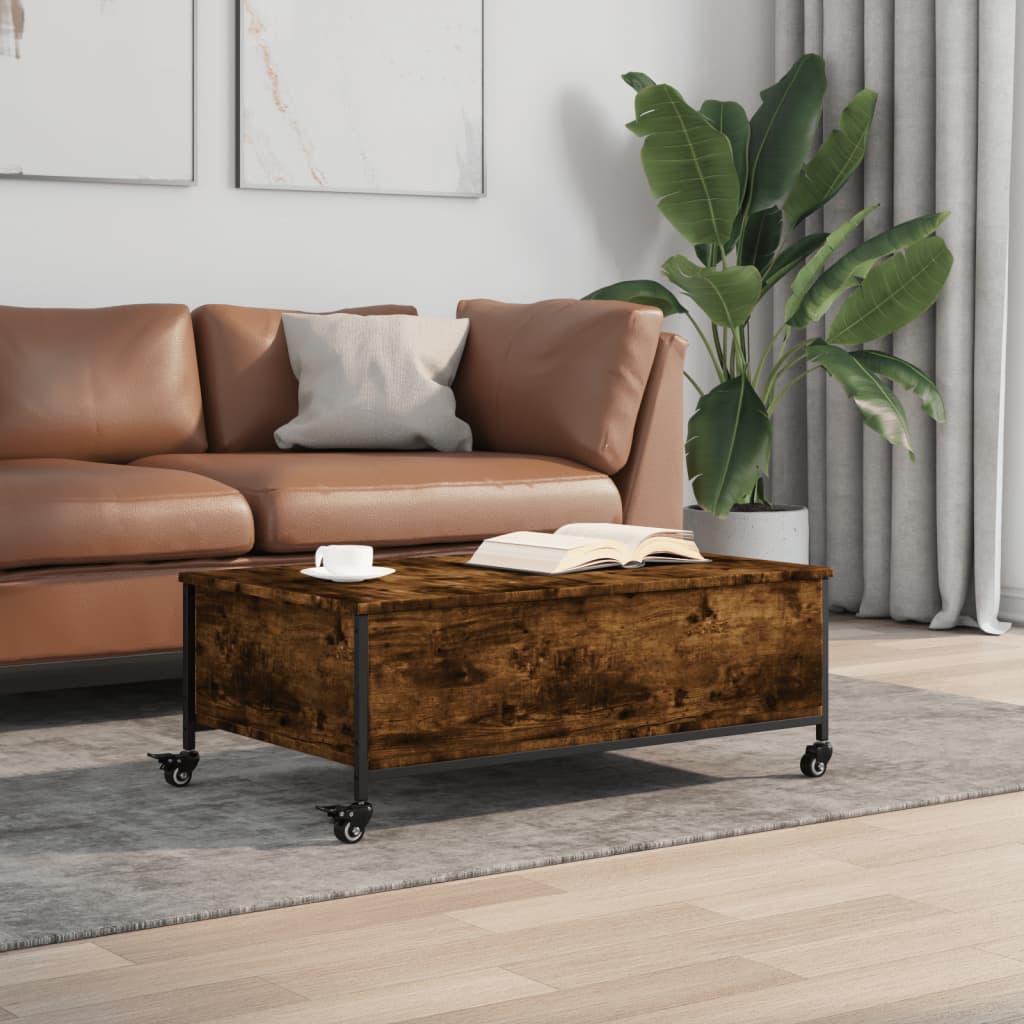 Coffee Table with Wheels Smoked Oak 91x55x34 cm Engineered Wood