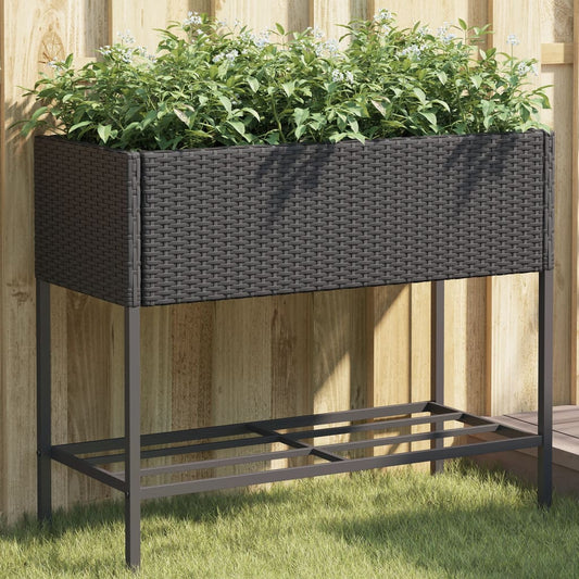 Garden Planter with Shelf Black Poly Rattan