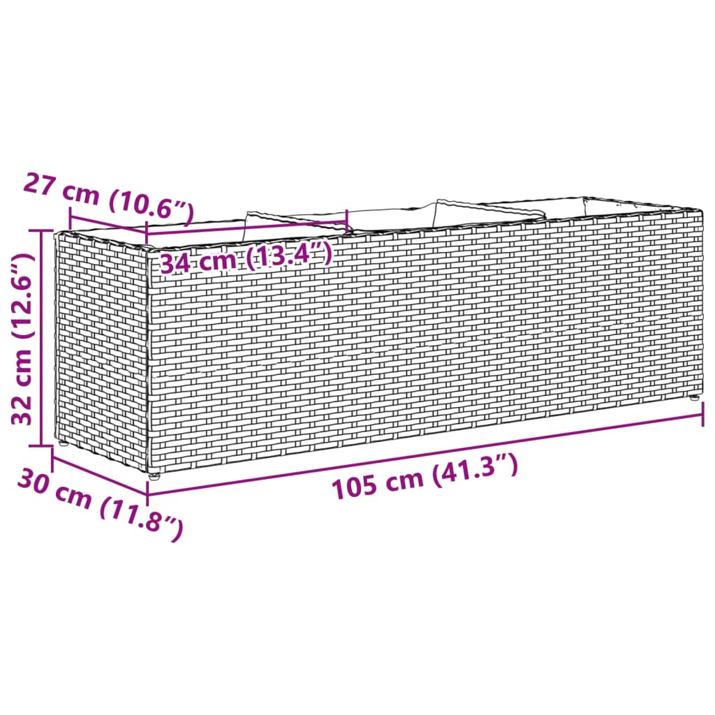 Garden Planter with 3 Pots Brown 105x30x32 cm Poly Rattan