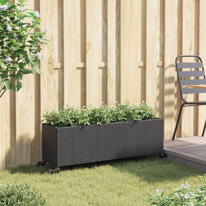 Garden Planter with Wheels and 3 Pots Black 107x32x38 cm Poly Rattan