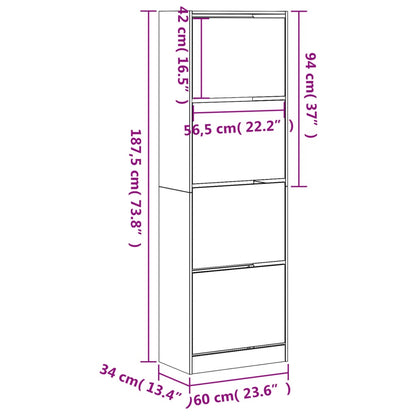 Shoe Cabinet with 4 Flip-Drawers Smoked Oak 60x34x187.5 cm