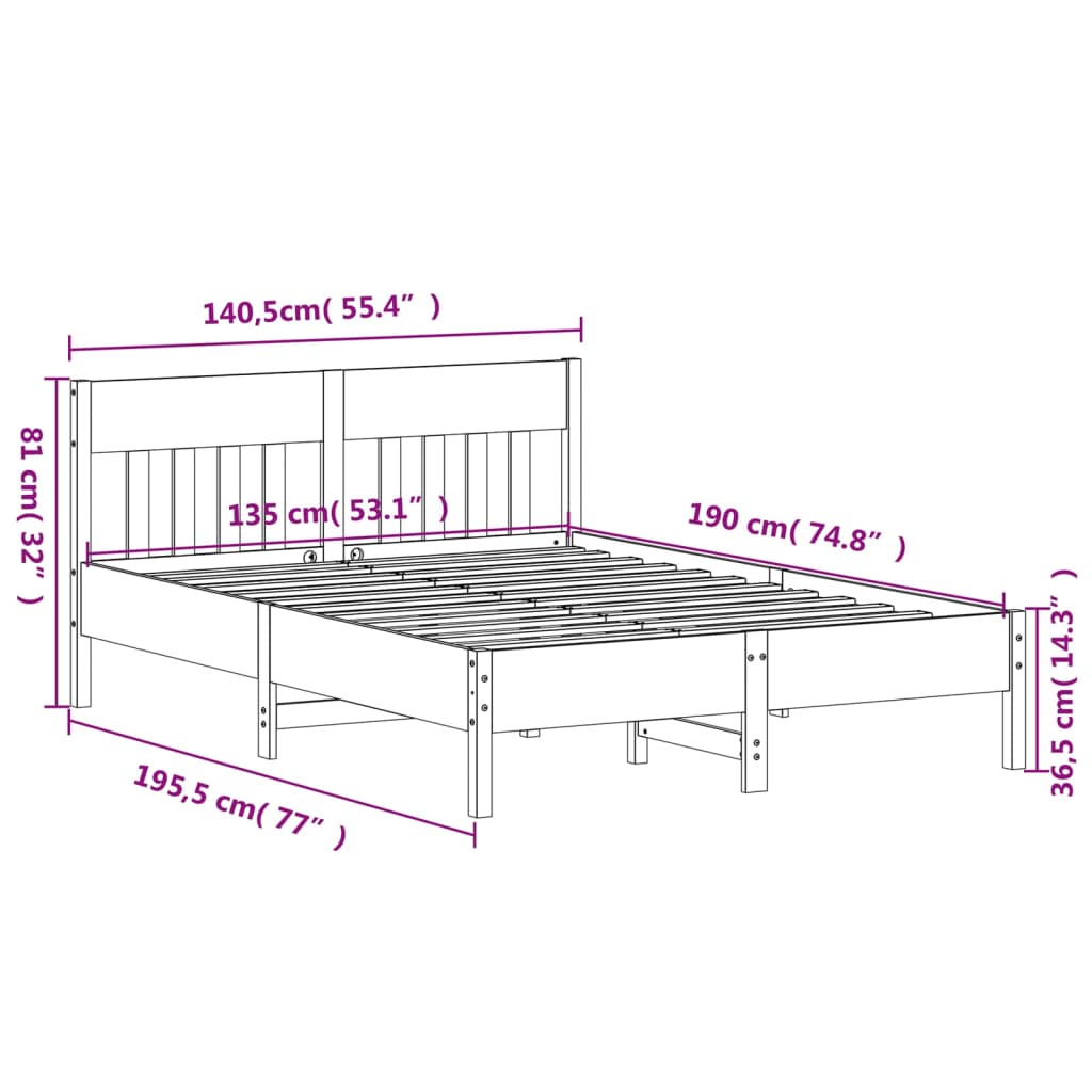 Bed Frame without Mattress Wax Brown 135x190 cm Double Solid Wood Pine