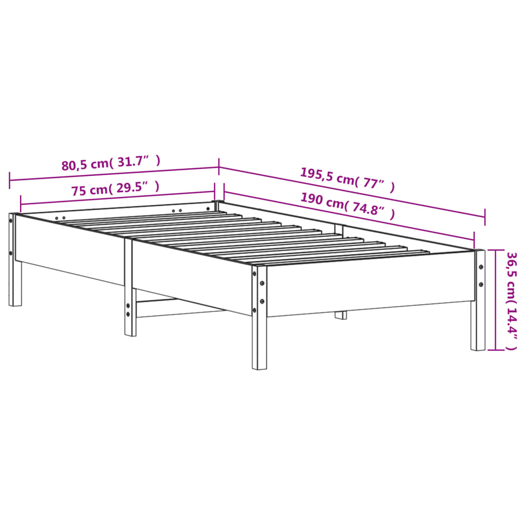 Bed Frame without Mattress White 75x190 cm Small Single Solid Wood Pine