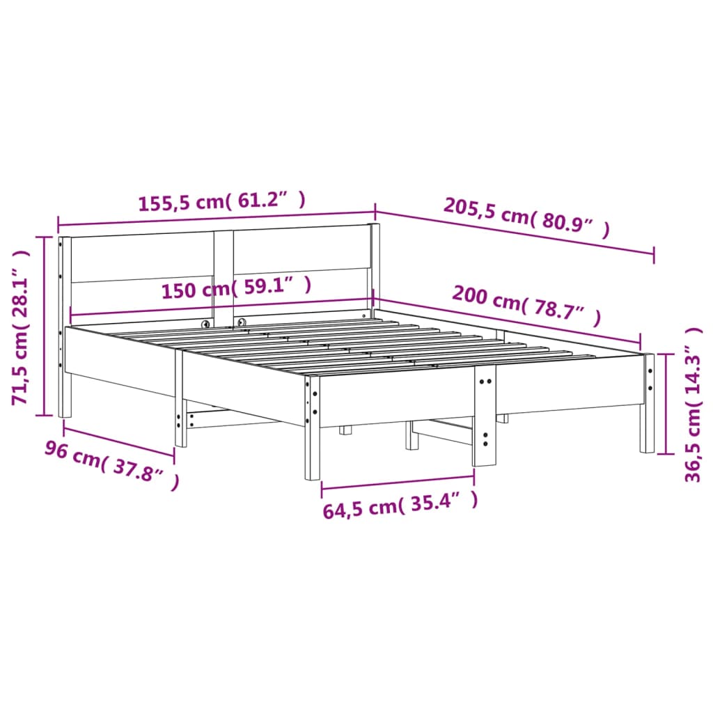 Bed Frame without Mattress 150x200 cm King Size Solid Wood Pine