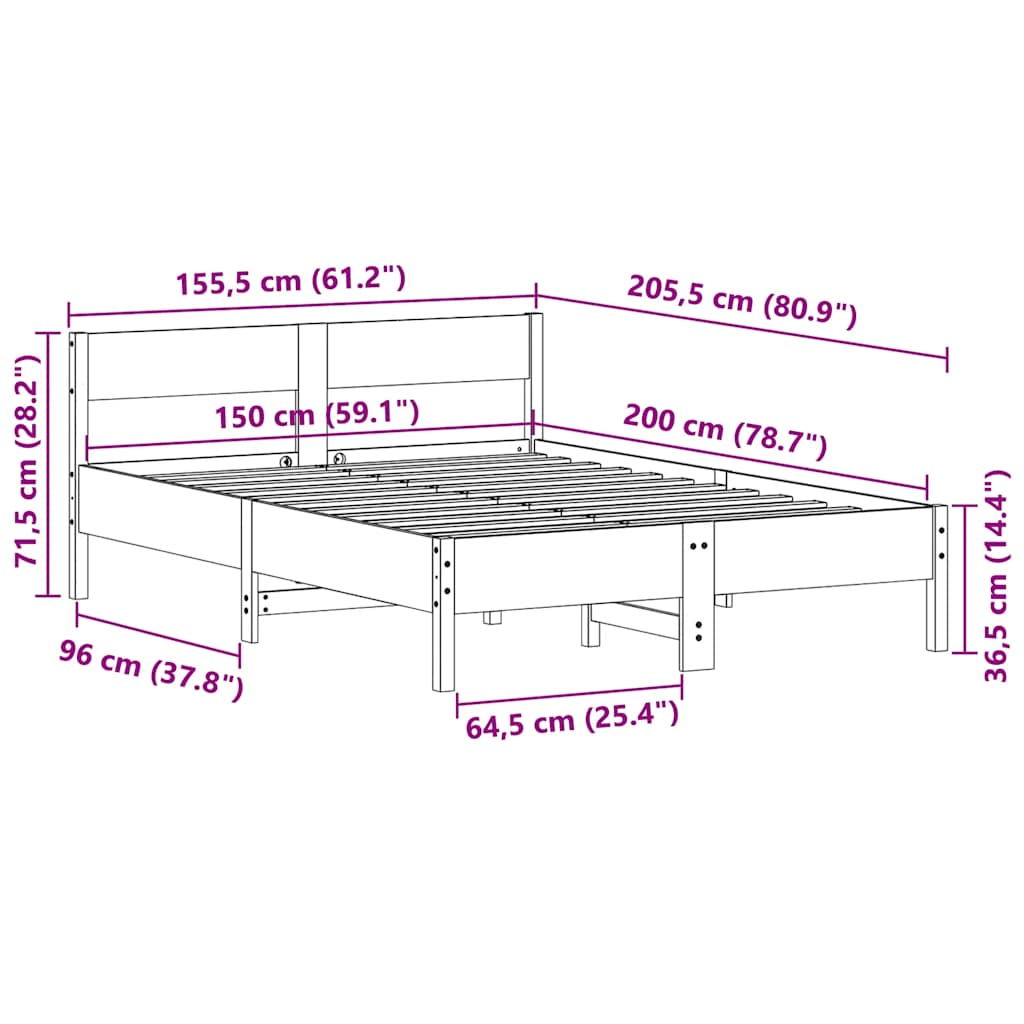 Bed Frame without Mattress Wax Brown 150x200 cm King Size Solid Wood Pine