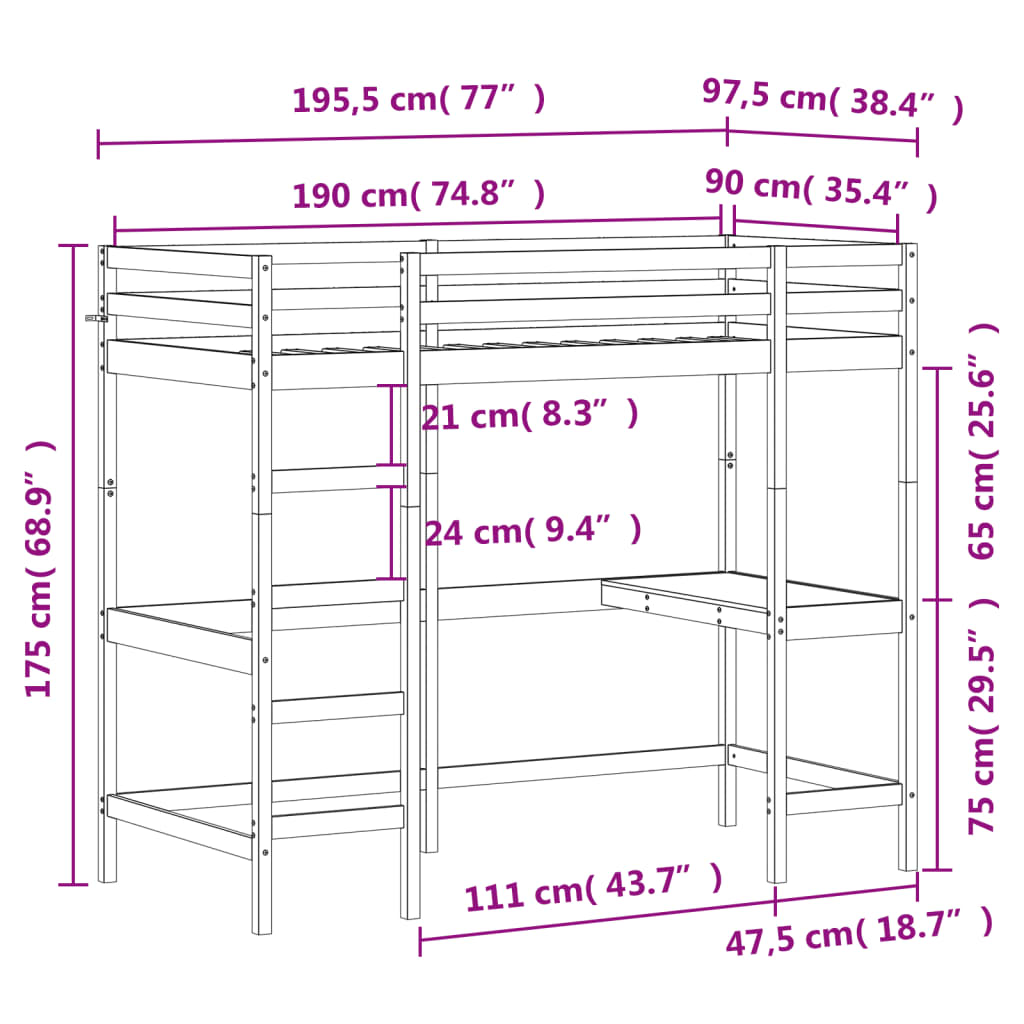 Loft Bed without Mattress Wax Brown 90x190 cm Single Solid Wood Pine