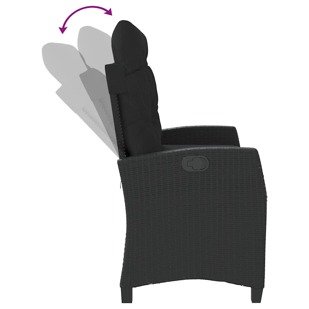 Reclining Garden Bench with Cushions Black Poly Rattan