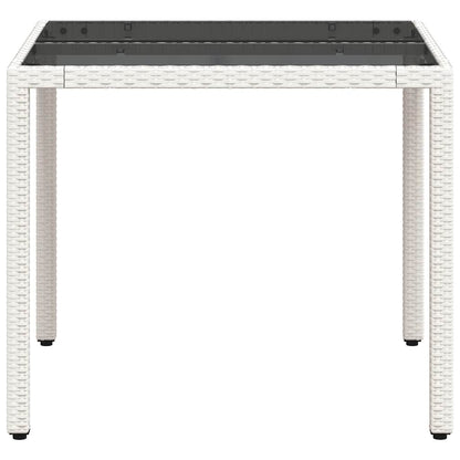 Garden Table with Glass Top White 90x90x75 cm Poly Rattan
