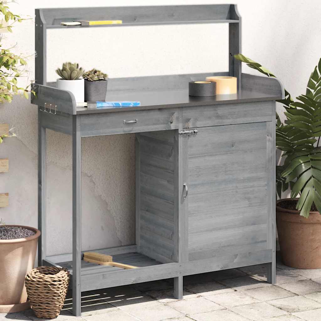 Potting Table with Cabinet Grey 110.5x45x124.5cm Solid Wood Fir
