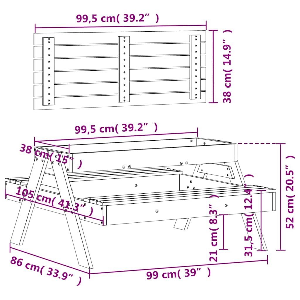Picnic Table with Sandpit for Kids Solid Wood Pine