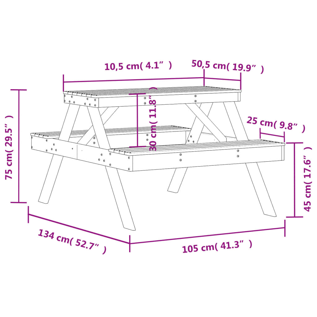 Picnic Table Wax Brown 105x134x75 cm Solid Wood Pine