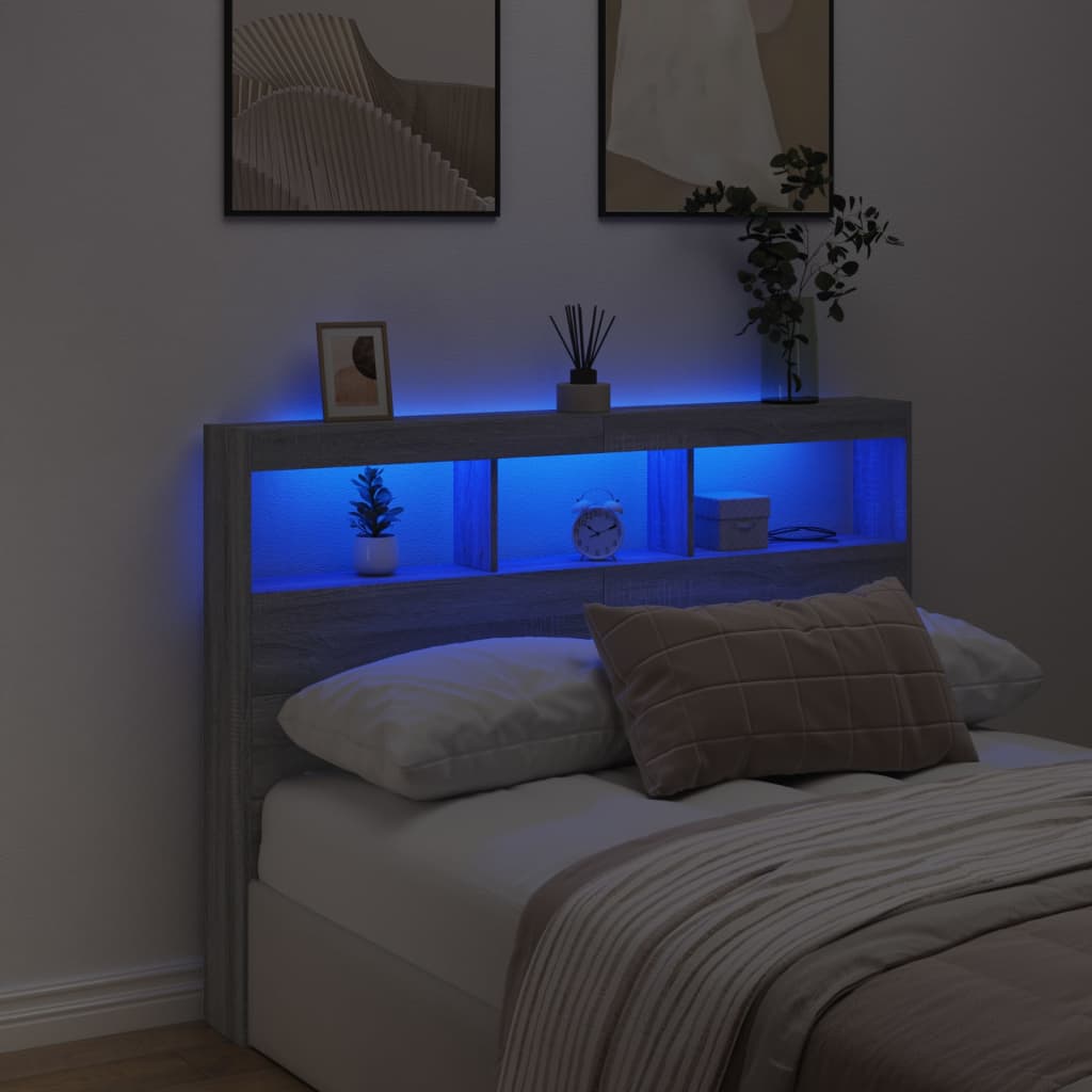 Headboard Cabinet with LED Grey Sonoma 140x17x102 cm