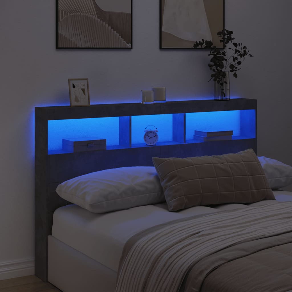 Headboard Cabinet with LED Concrete Grey 160x17x102 cm