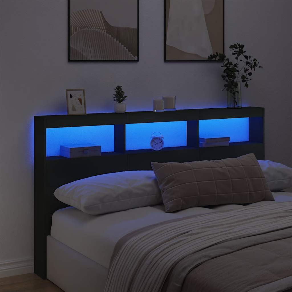 Headboard Cabinet with LED Black 180x17x102 cm