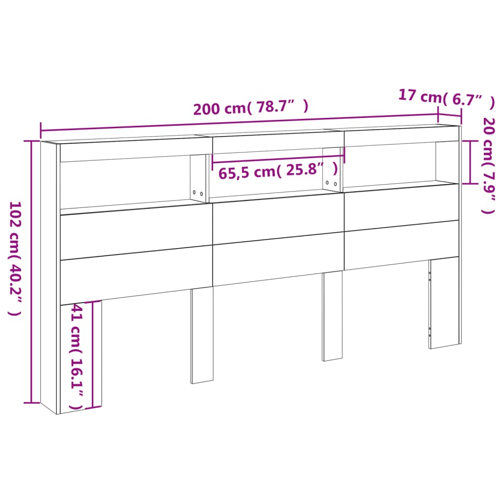 Headboard Cabinet with LED Smoked Oak 200x17x102 cm