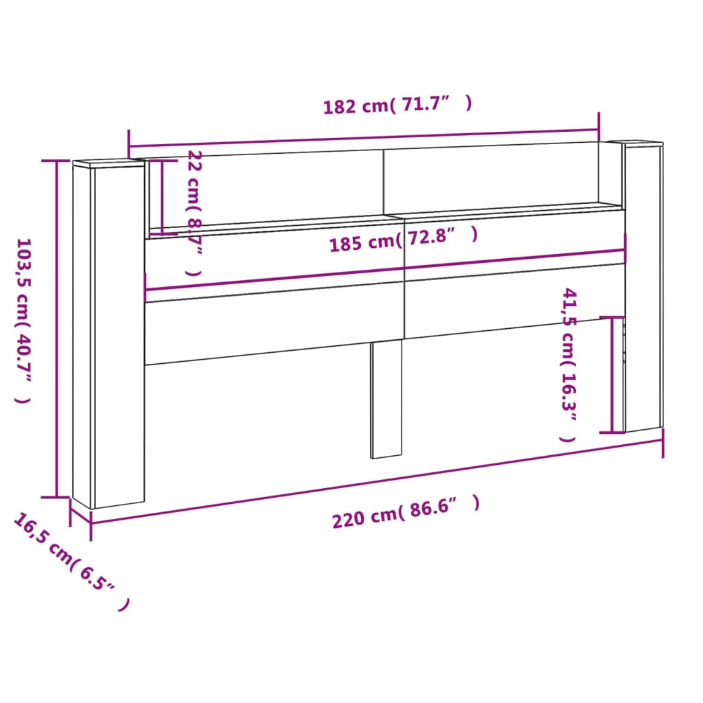Headboard Cabinet with LED Concrete Grey 220x16.5x103.5 cm