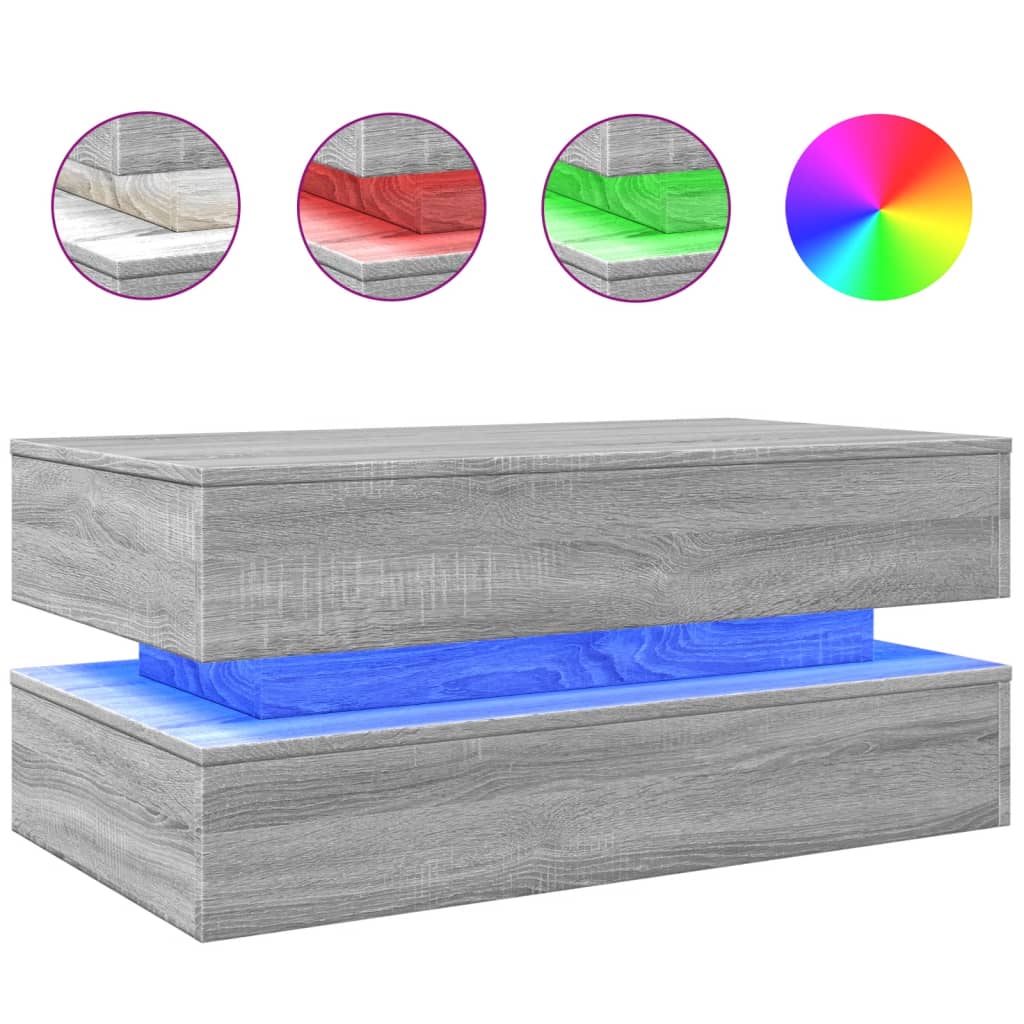 Coffee Table with LED Lights Grey Sonoma 90x50x40 cm