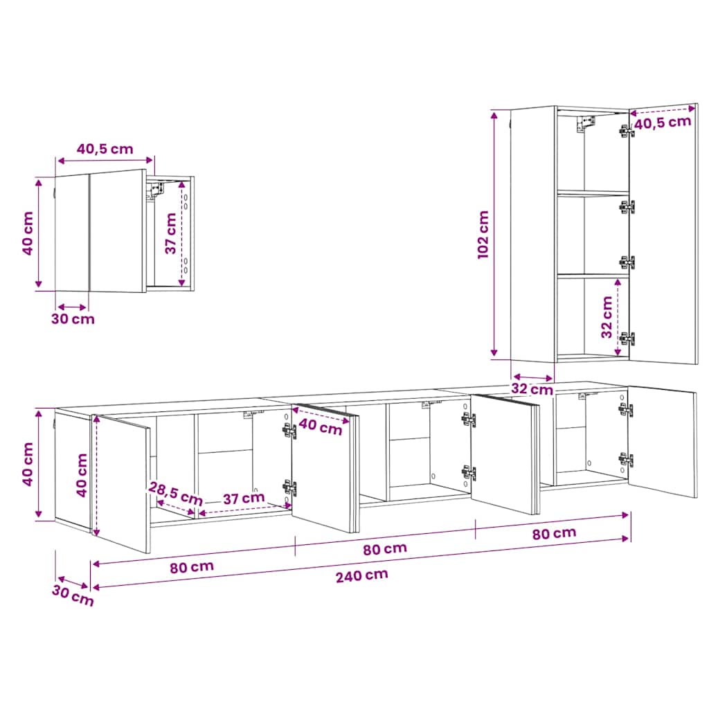 5 Piece TV Wall Units Smoked Oak Engineered Wood
