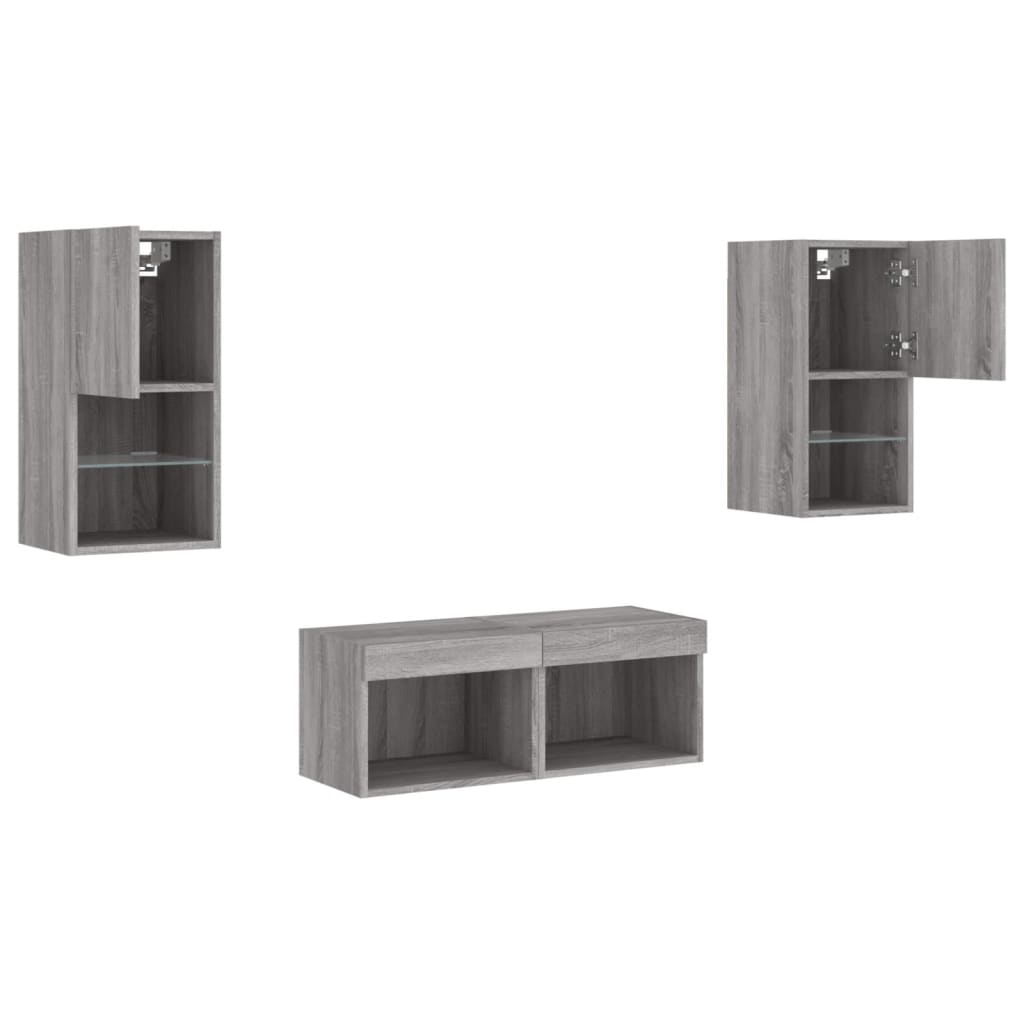 4 Piece TV Wall Cabinets with LED Lights Grey Sonoma