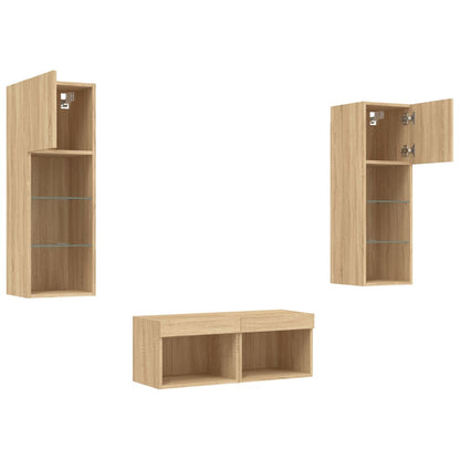 4 Piece TV Wall Cabinets with LED Lights Sonoma Oak