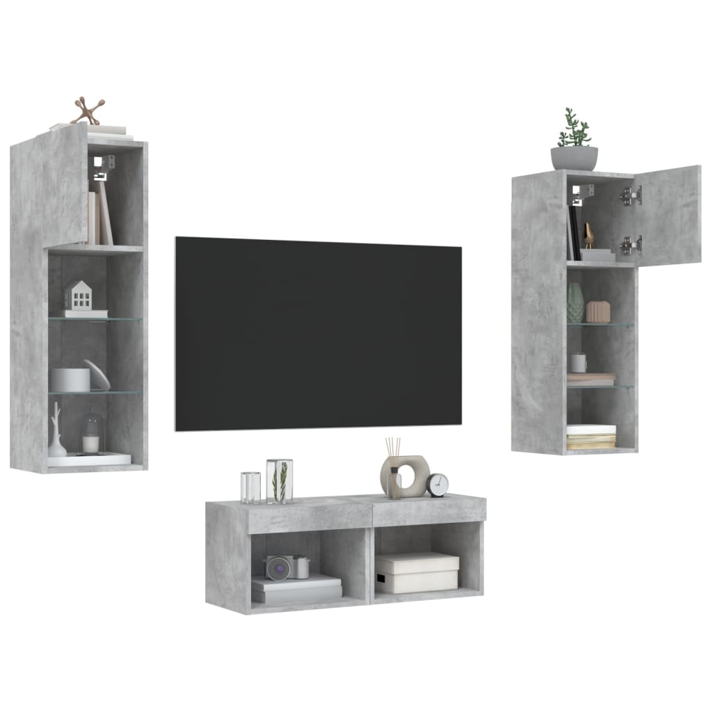 4 Piece TV Wall Cabinets with LED Lights Concrete Grey