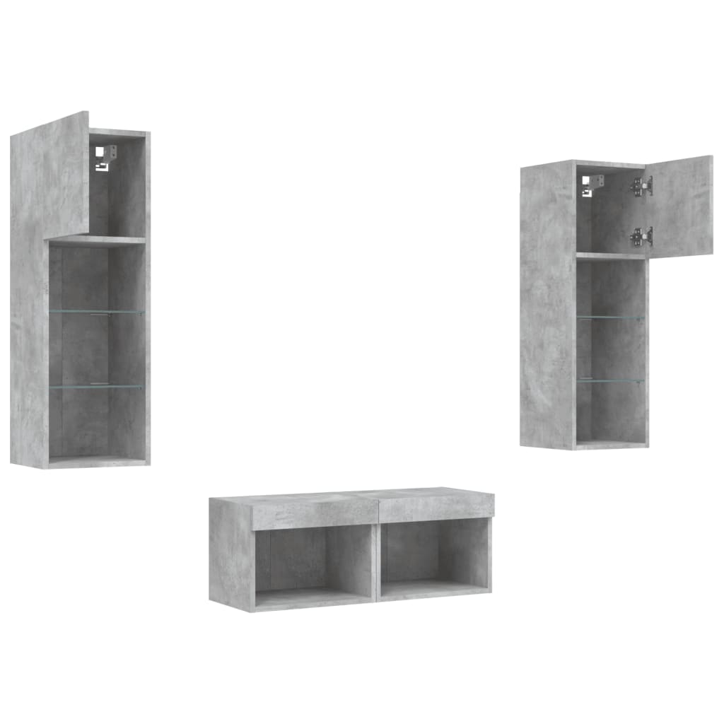 4 Piece TV Wall Cabinets with LED Lights Concrete Grey