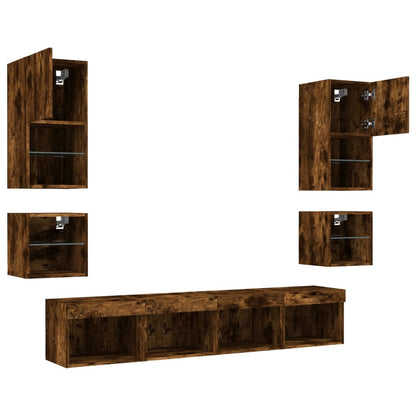 8 Piece TV Wall Units with LED Smoked Oak Engineered Wood