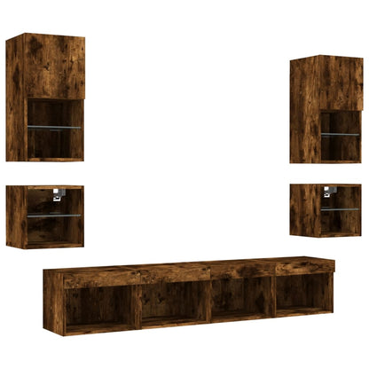 8 Piece TV Wall Units with LED Smoked Oak Engineered Wood
