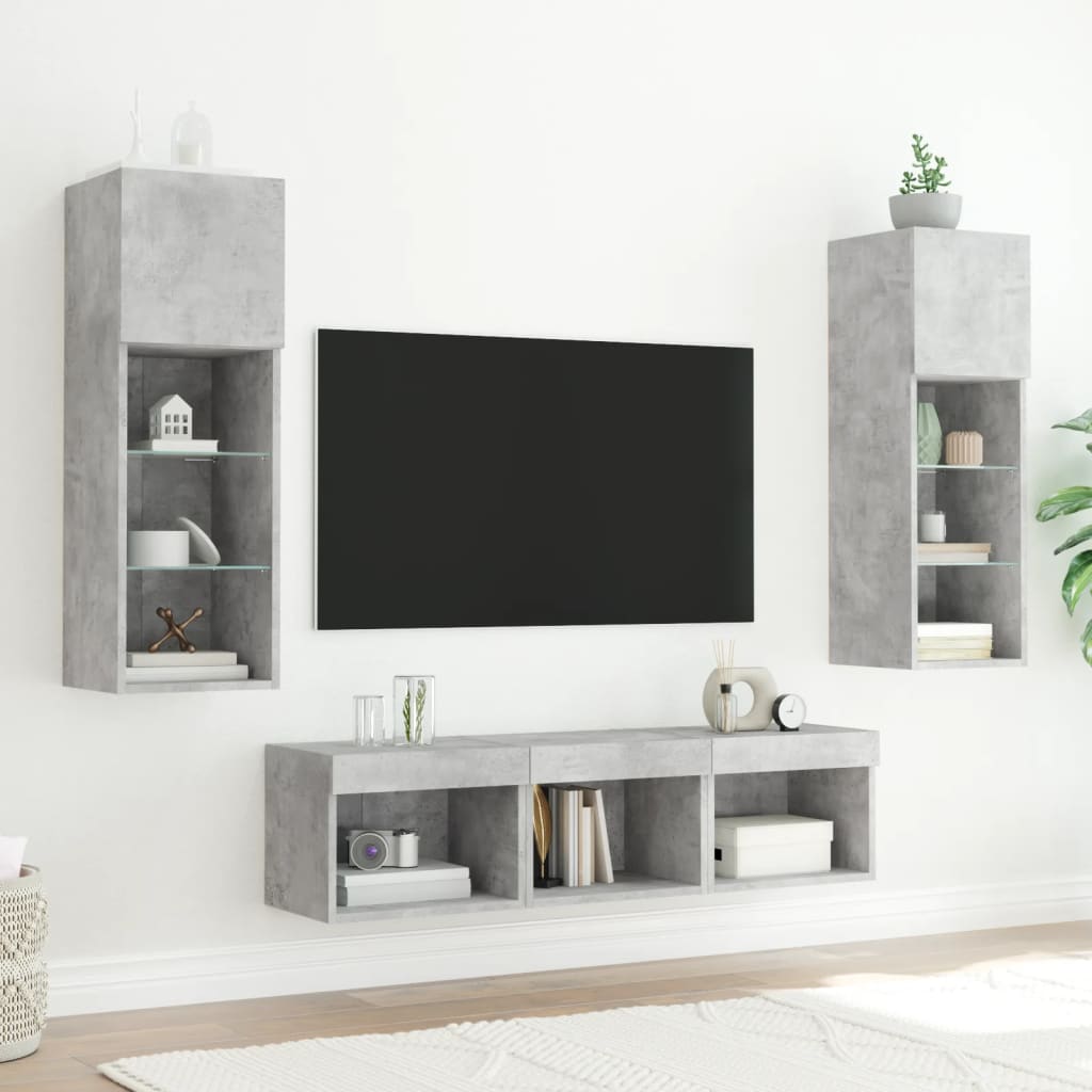 5 Piece TV Wall Units with LED Concrete Grey Engineered Wood
