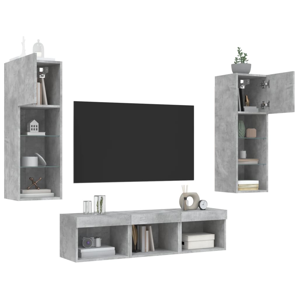 5 Piece TV Wall Units with LED Concrete Grey Engineered Wood