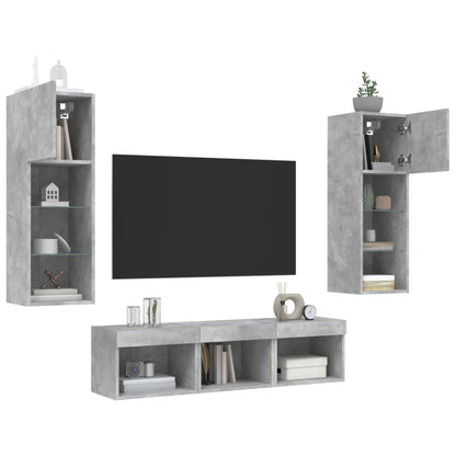5 Piece TV Wall Units with LED Concrete Grey Engineered Wood