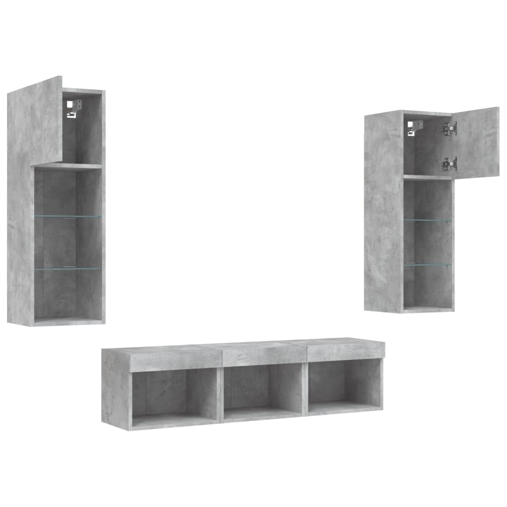 5 Piece TV Wall Units with LED Concrete Grey Engineered Wood