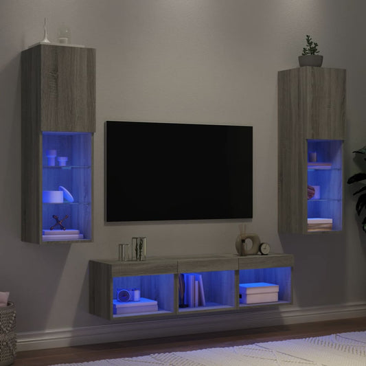 5 Piece TV Wall Units with LED Grey Sonoma Engineered Wood