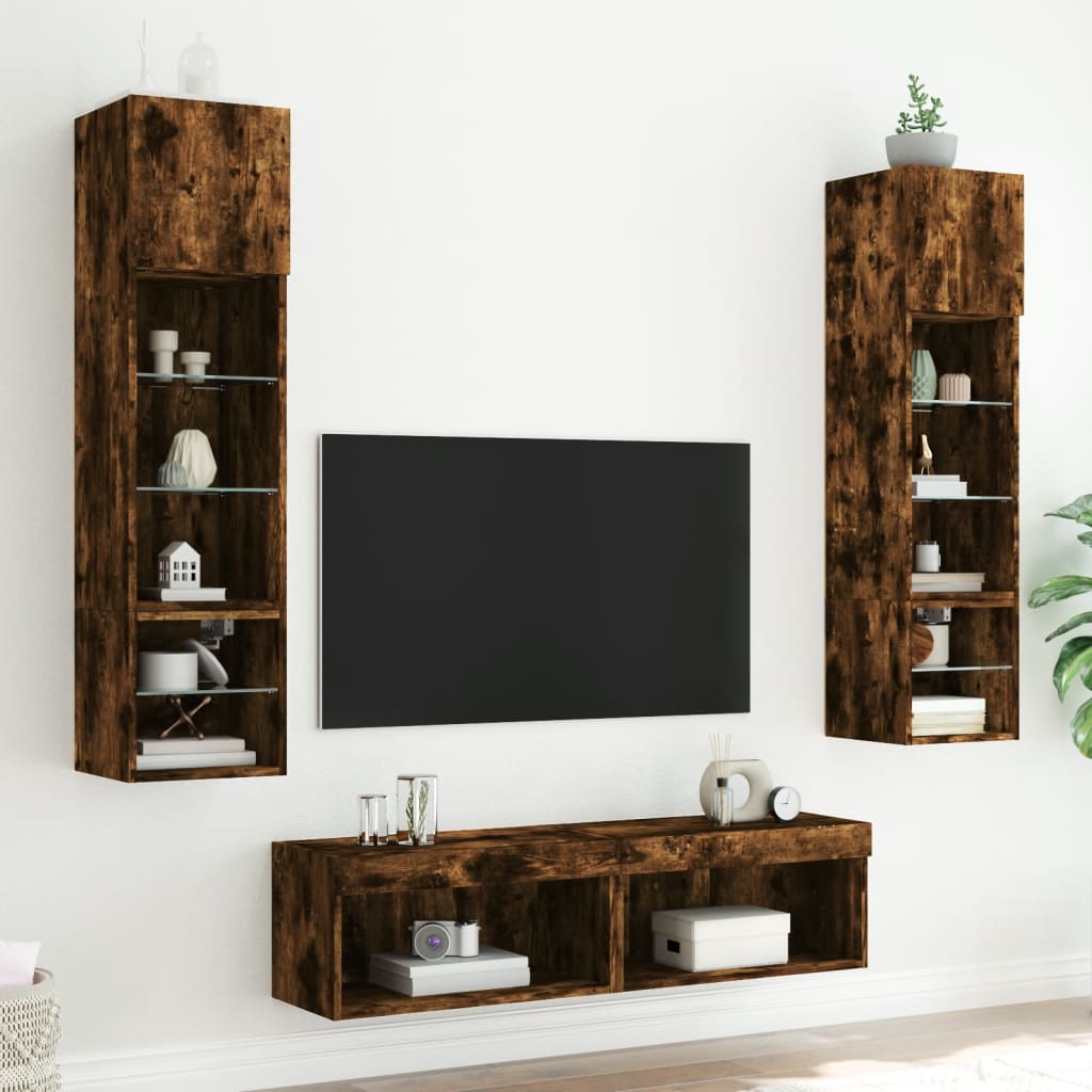 6 Piece TV Wall Units with LED Smoked Oak Engineered Wood