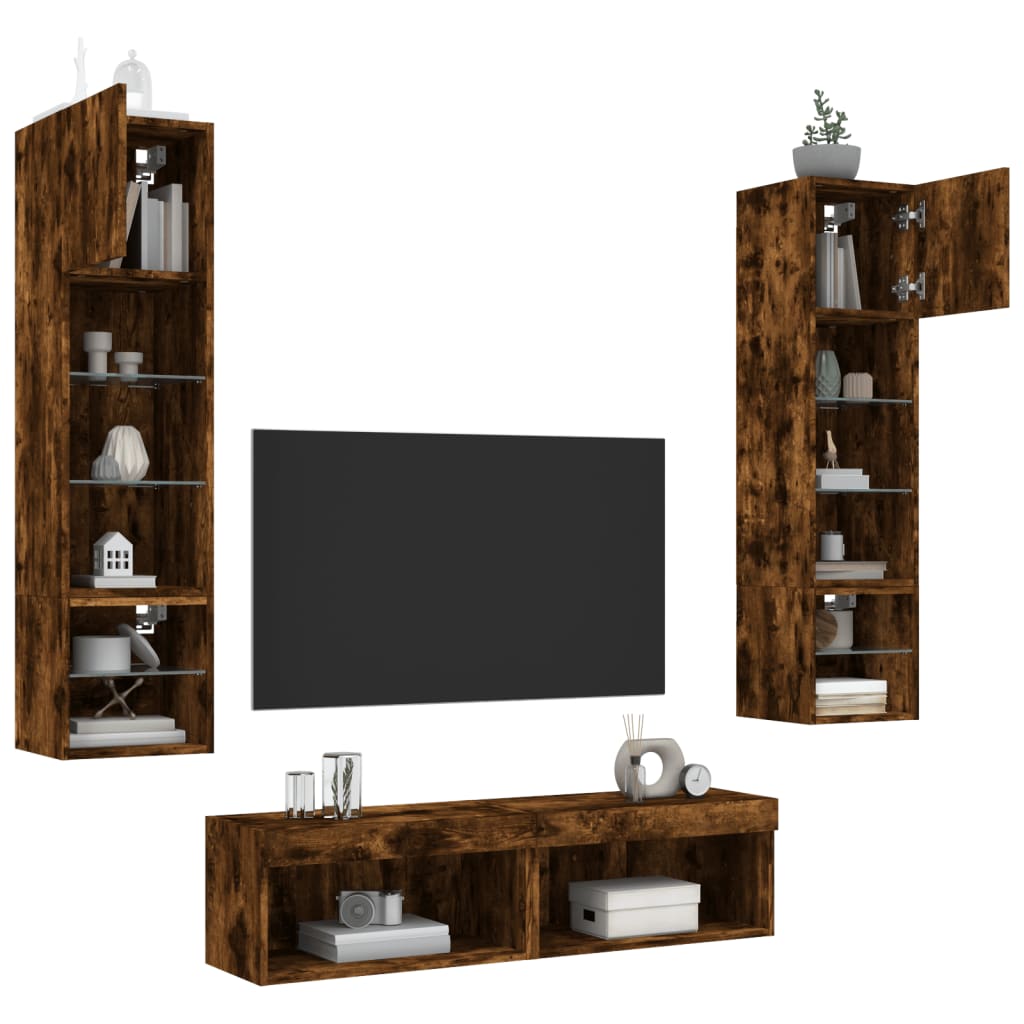 6 Piece TV Wall Units with LED Smoked Oak Engineered Wood