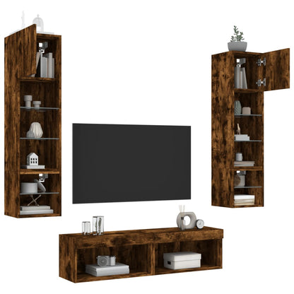 6 Piece TV Wall Units with LED Smoked Oak Engineered Wood