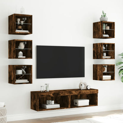 8 Piece TV Wall Units with LED Smoked Oak Engineered Wood