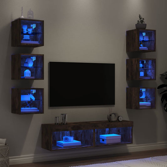 8 Piece TV Wall Units with LED Smoked Oak Engineered Wood
