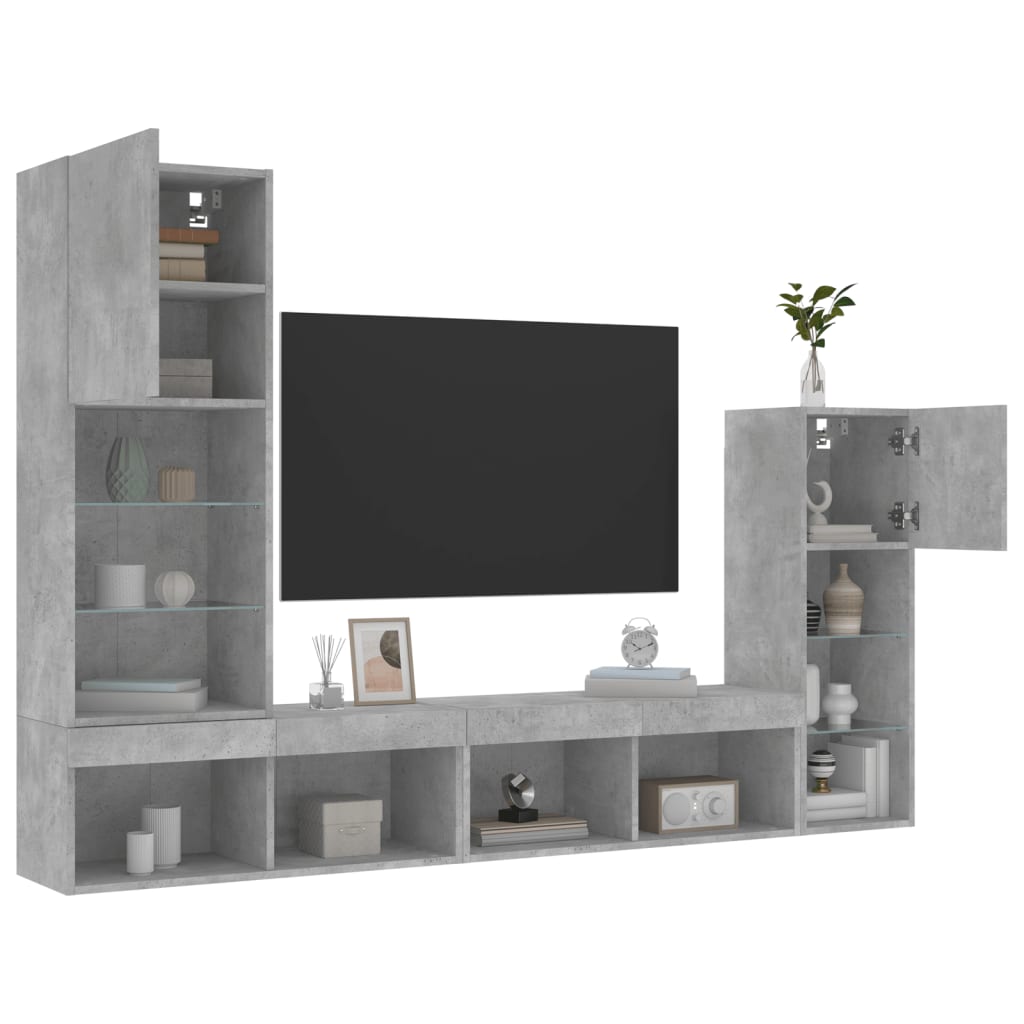 4 Piece TV Wall Units with LED Concrete Grey Engineered Wood