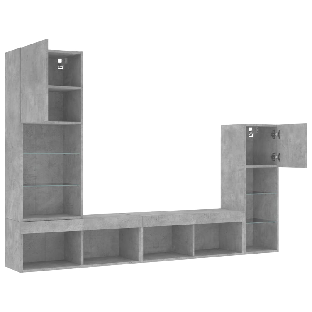 4 Piece TV Wall Units with LED Concrete Grey Engineered Wood