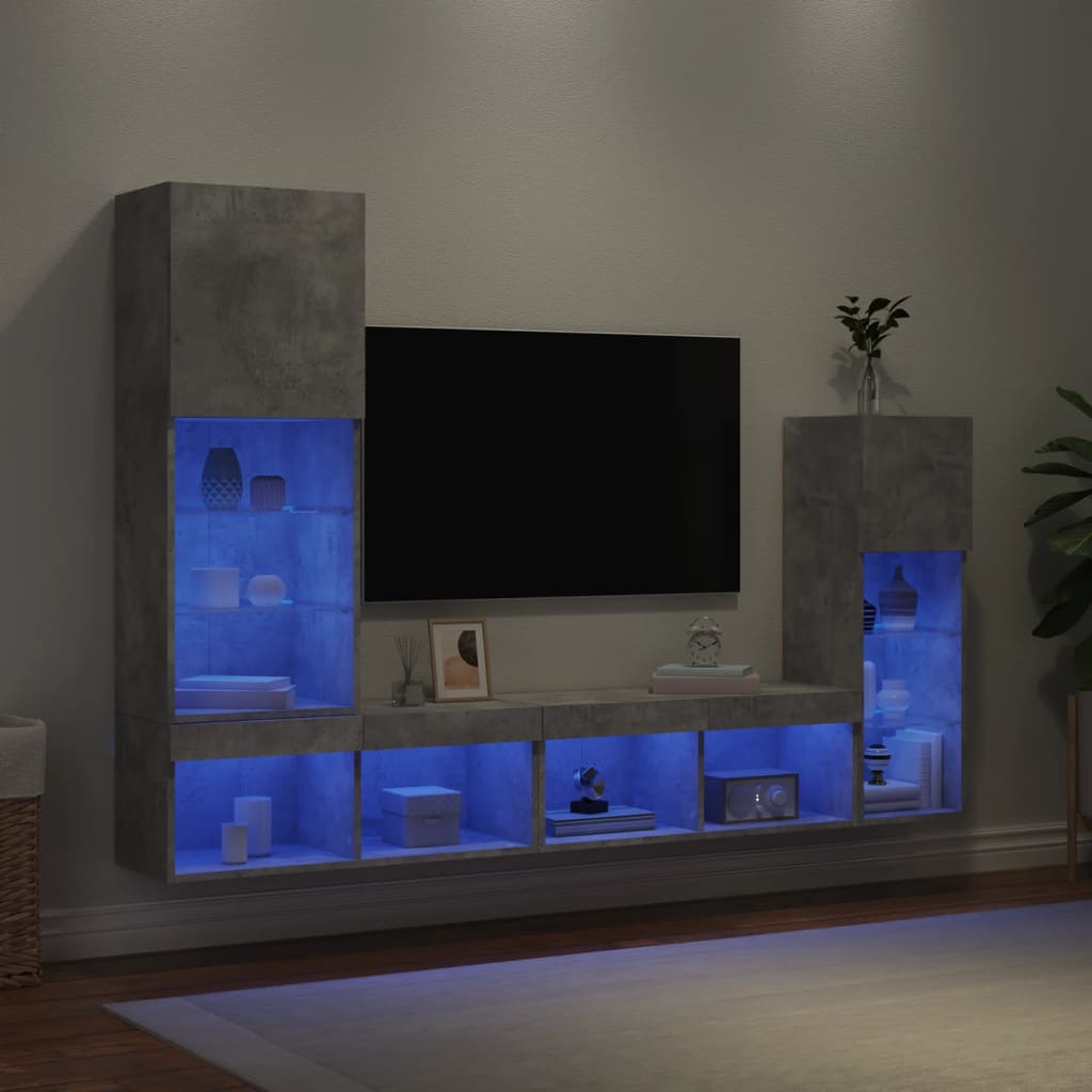 4 Piece TV Wall Units with LED Concrete Grey Engineered Wood
