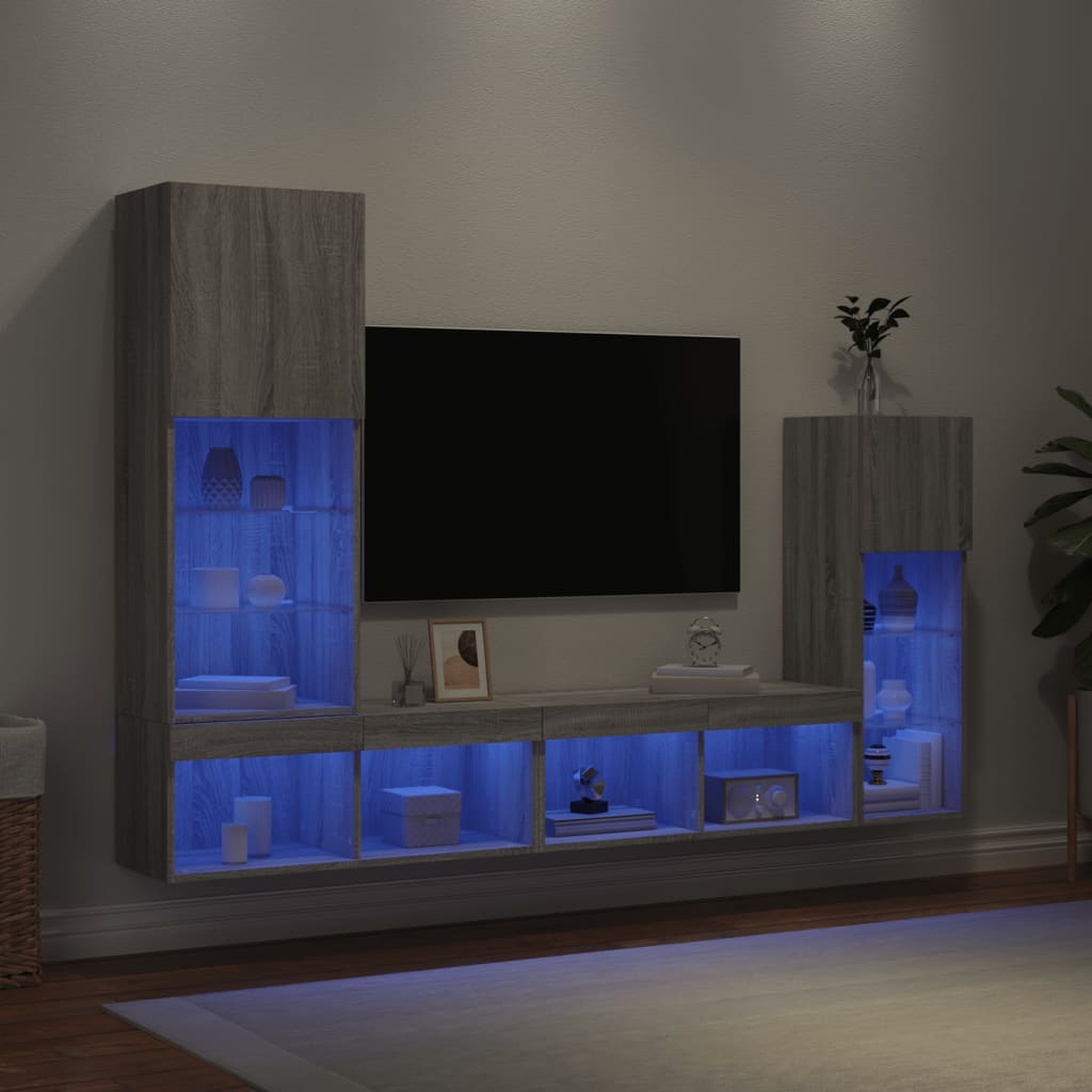 4 Piece TV Wall Units with LED Grey Sonoma Engineered Wood