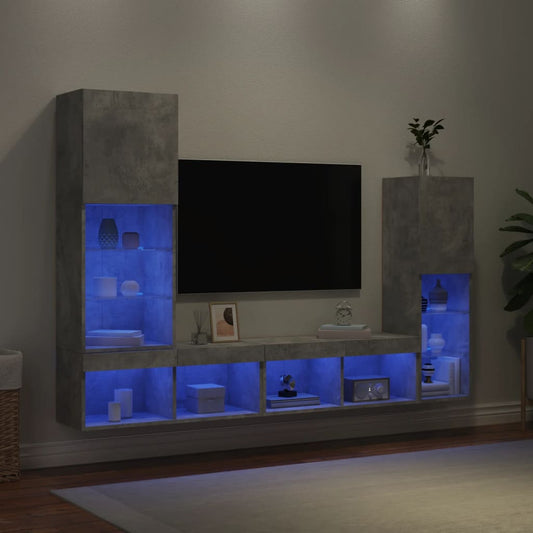 4 Piece TV Wall Units with LED Concrete Grey Engineered Wood