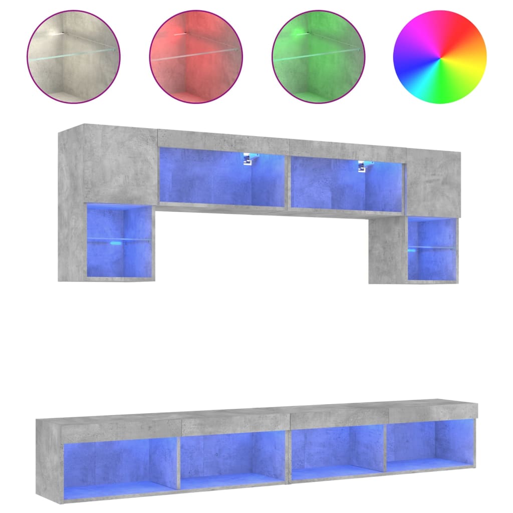 6 Piece TV Wall Units with LED Concrete Grey Engineered Wood
