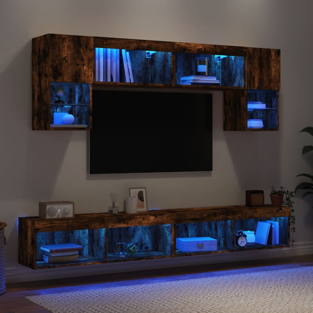 6 Piece TV Wall Units with LED Smoked Oak Engineered Wood