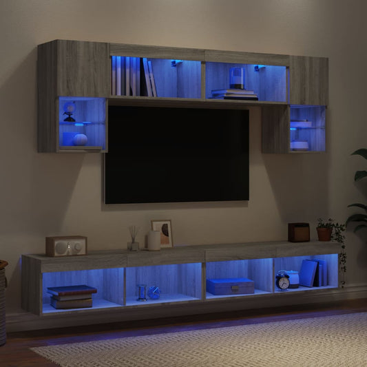 6 Piece TV Wall Units with LED Grey Sonoma Engineered Wood