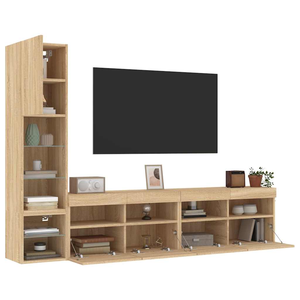 4 Piece TV Wall Units with LED Sonoma Oak Engineered Wood