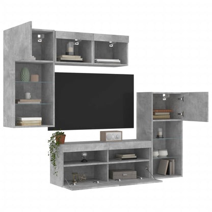 5 Piece TV Wall Units with LED Concrete Grey Engineered Wood