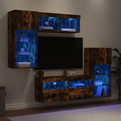 5 Piece TV Wall Units with LED Smoked Oak Engineered Wood